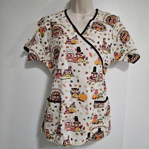 UA‎ Scrub Size S Cotton Blend Owl Thanksgiving Scrub Top w/ Tie Back Pockets